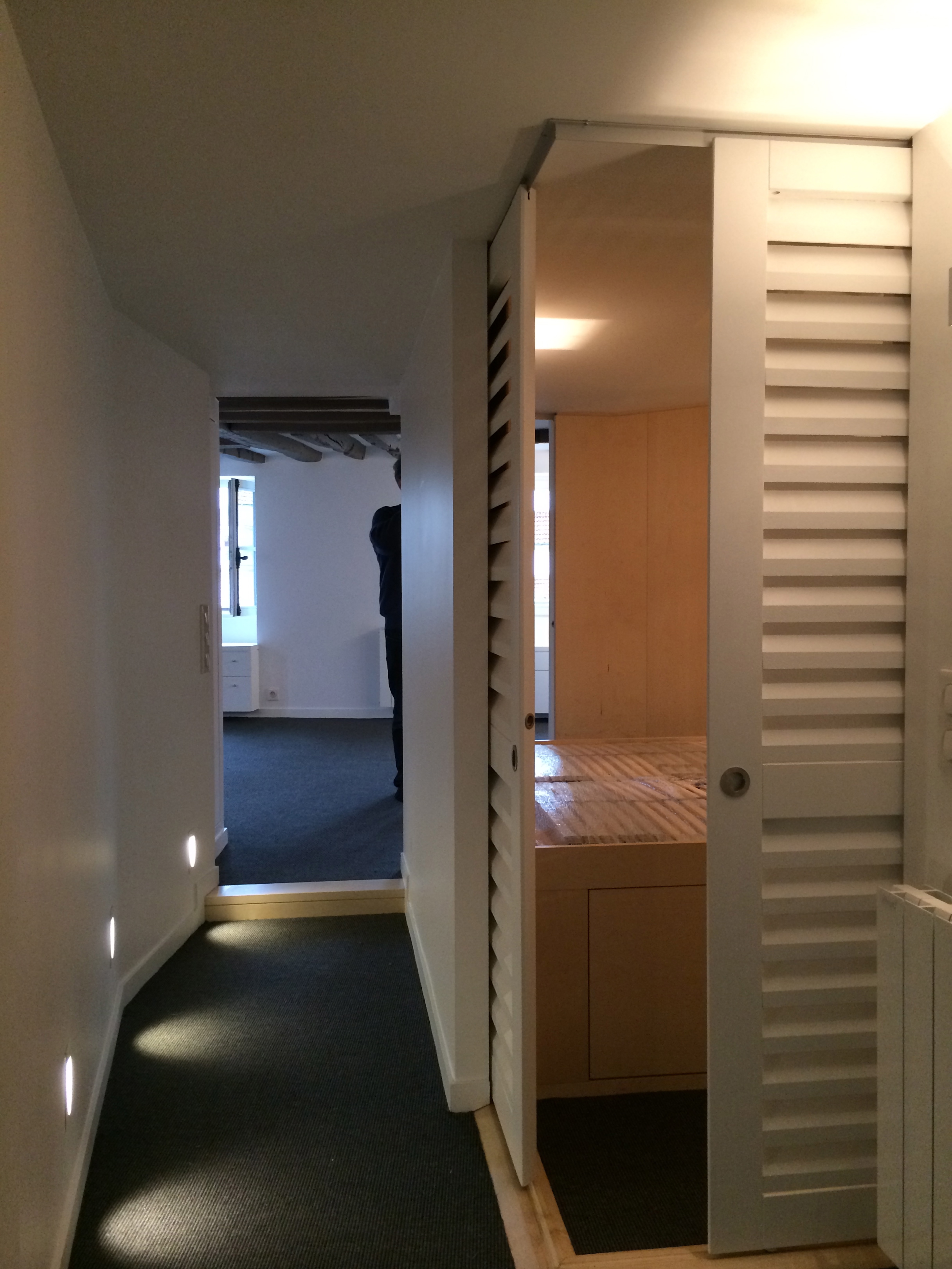 Appartement pied à terre après travaux, vue depuis l'entrée, cloisons claustra coulissantes Paris Odéon